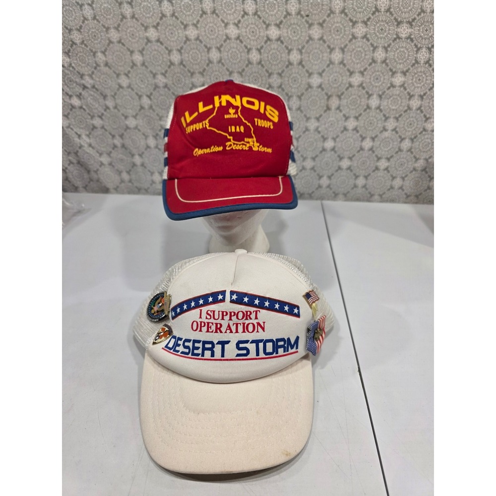 Operation Desert Storm Trucker Hat with Pins Illinois Troops Support Ball Cap‎
